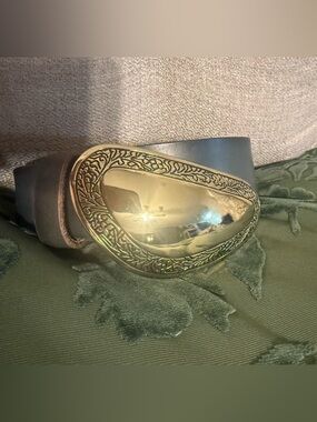 Free People Olive Leather Belt with Decorative Gold Buckle